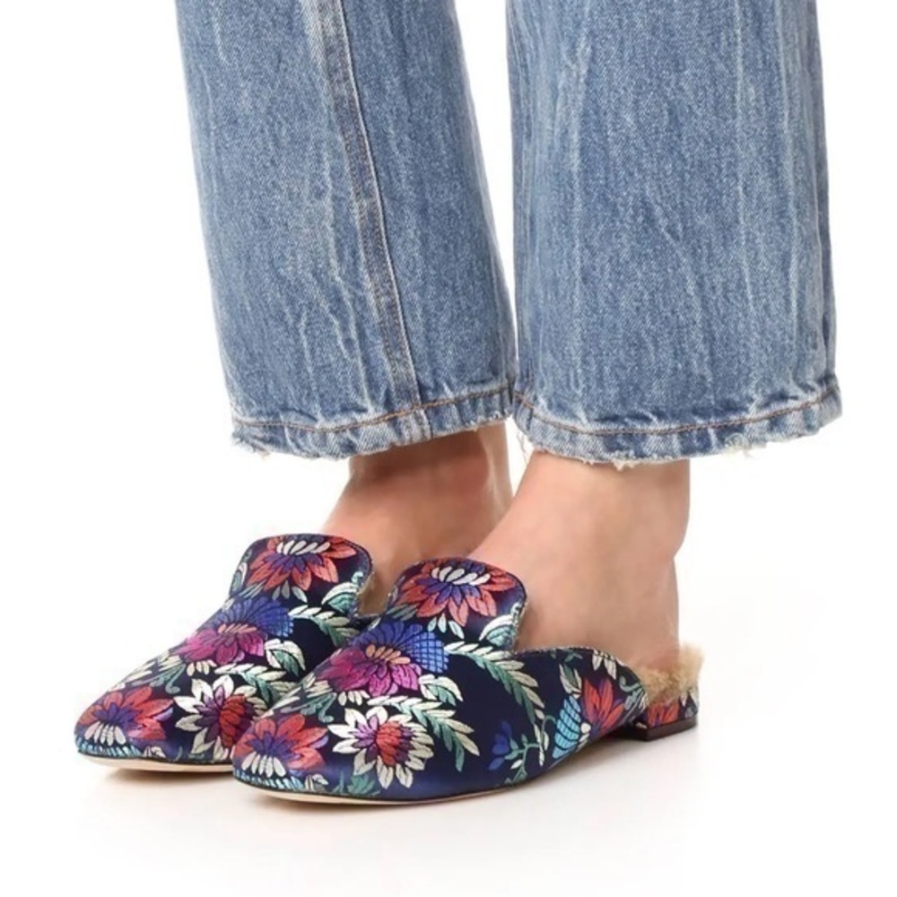 JOIE Navy Blue Floral Embroidered Faux Fur Mules Slip-On Shoes 8.5